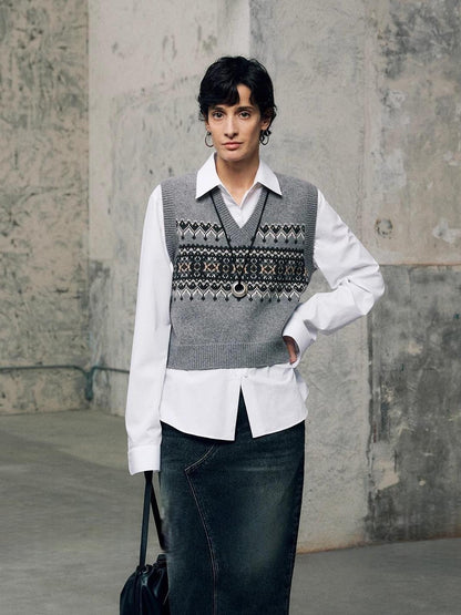 Damen Strickpullover V-Ausschnitt Geometrisches Muster Norvielle