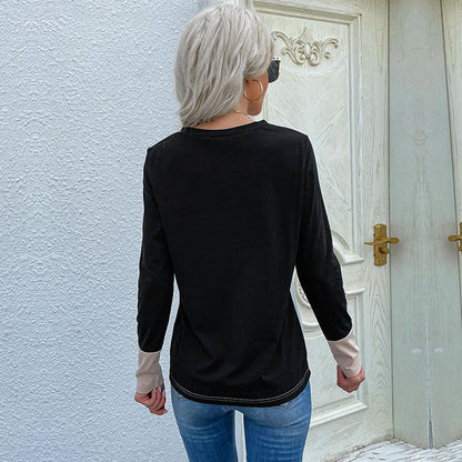 Damen Langarm T-Shirt Colorblock Muster mit Brusttasche