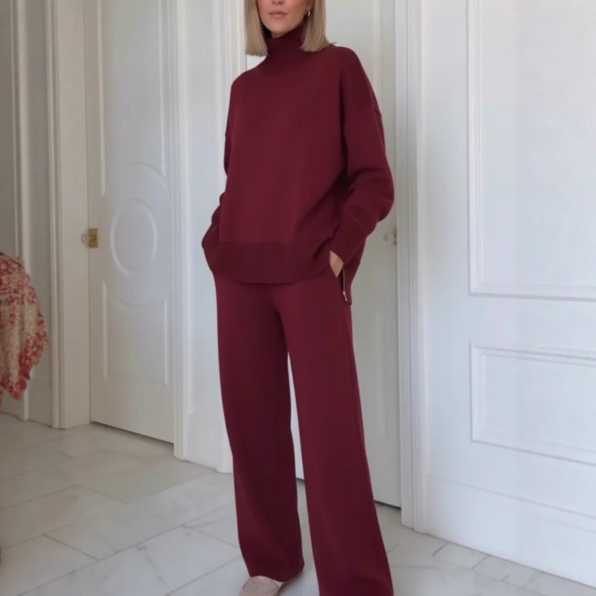Damen Strick-Loungewear-Set Hochgeschlossener Pullover Weite Hose