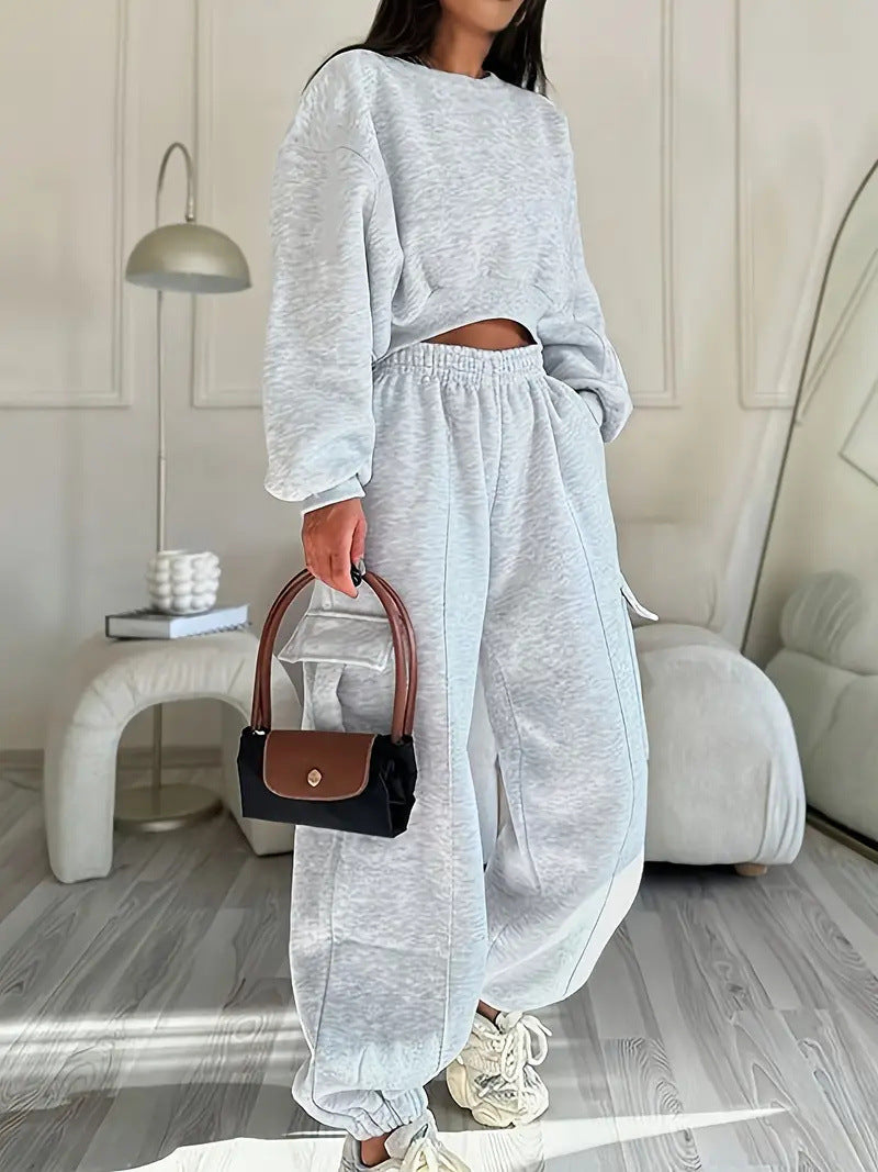 Damen Sweatshirt Jogginghose Set Elastischer Bund Hochtaschen