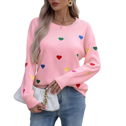 Damen Pullover Bunt Herzdesign Weites Modell