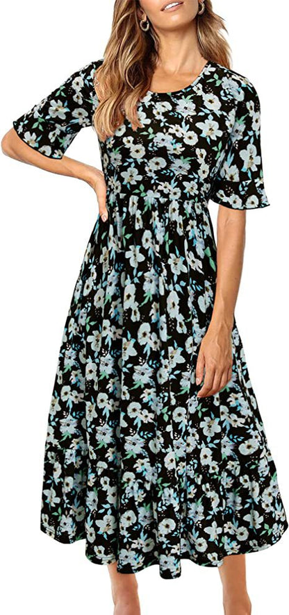 Damen Midikleid Floralmuster Volantabschluss