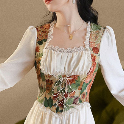 Damen Festkleid Florales Oberteil Länge Lang Ärmel