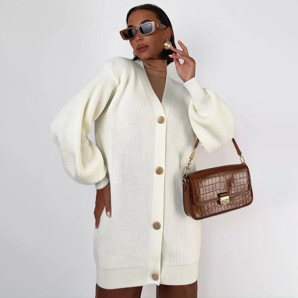Damen Strickmantel Oversized mit Knöpfen Elegant Beige
