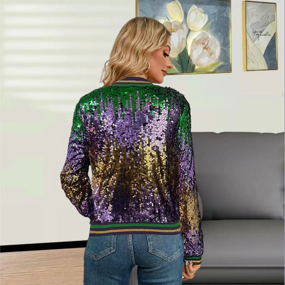 Damen Glitzer-Bomberjacke Pailletten Sportlich