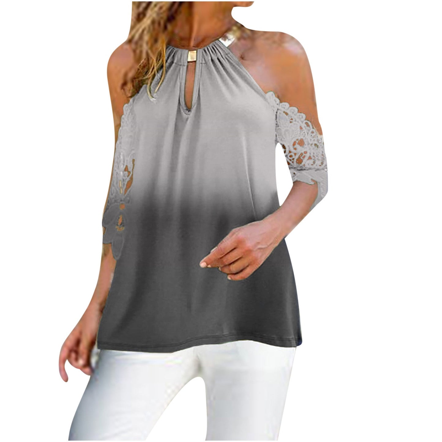 Damen Bluse Spitzenverzierung Cut-Outs Elegantes Design