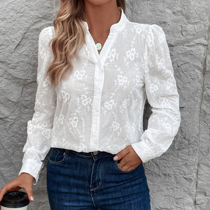 Damen Bluse Florales Stickdesign Puffärmel Norvielle - Norvielle