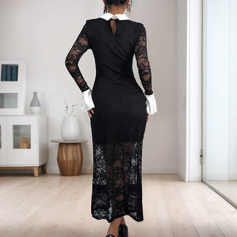 Damen Spitzenkleid Dekorativer Kragen Transparent Ärmel