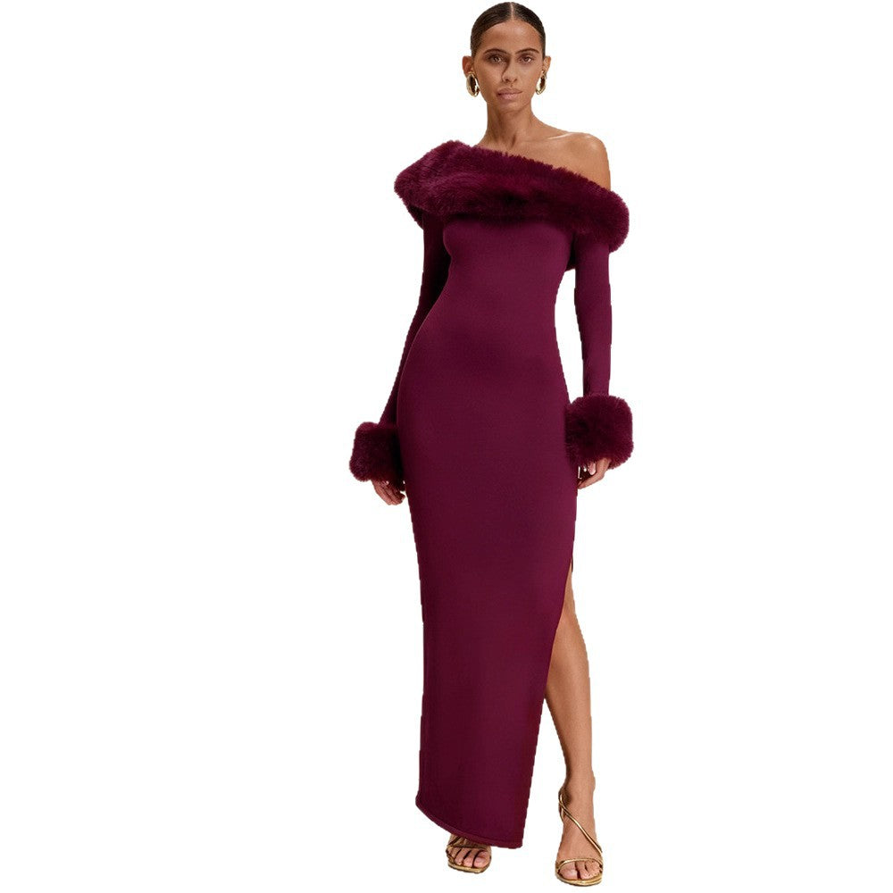 Damen Maxikleid Langarm Schulterfrei Fellakzente