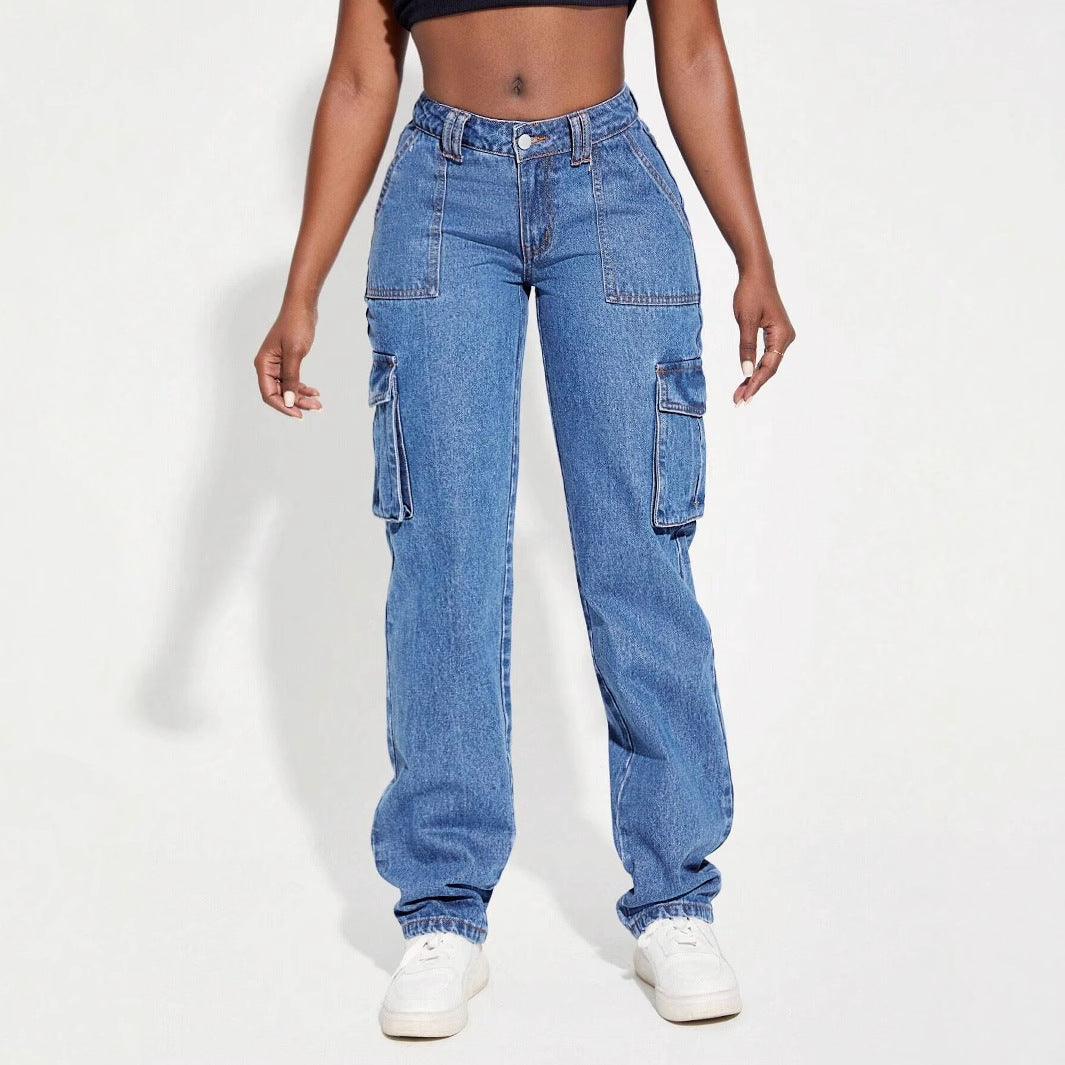 Damen Cargo Jeans Elastischer Bund Praktische Seitentaschen