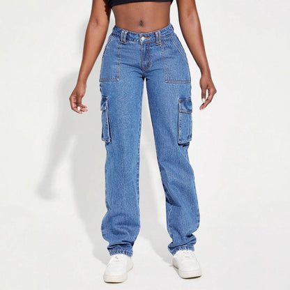 Damen Cargo Jeans Elastischer Bund Praktische Seitentaschen