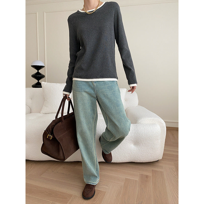 Damen Strickpullover Weiches Material Kontrastdetails Beige