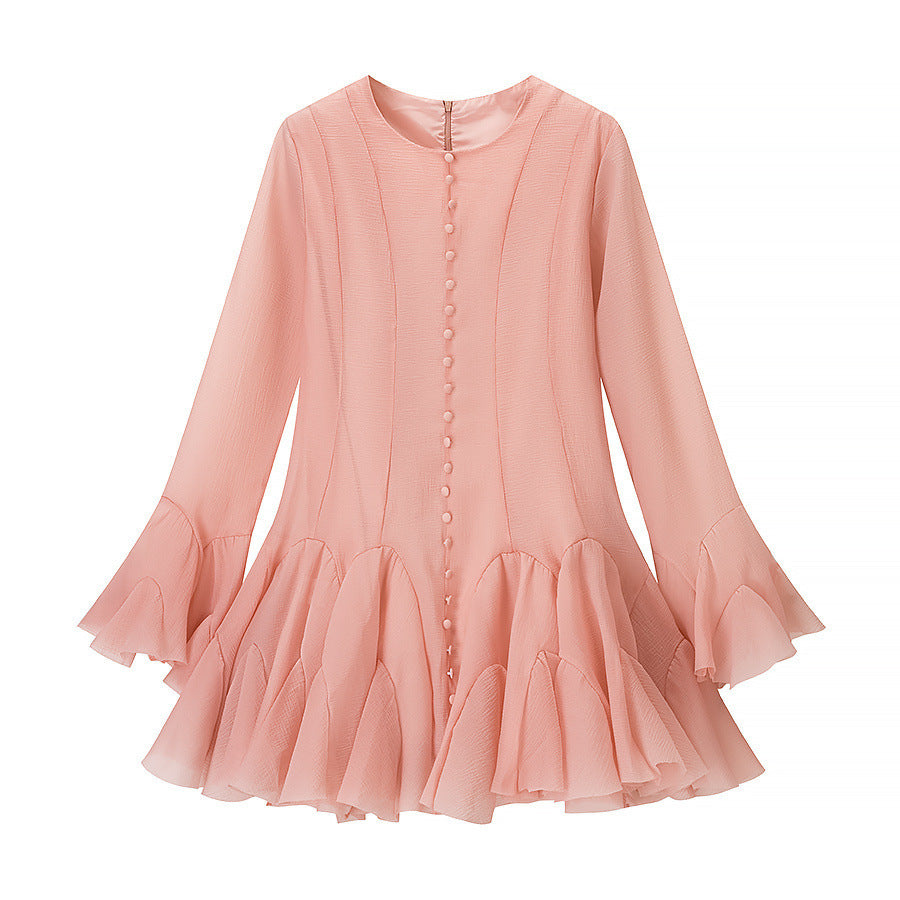 Damen Volantkleid Langer Ärmel Knopf Norvielle
