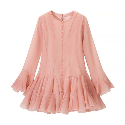 Damen Volantkleid Langer Ärmel Knopf Norvielle
