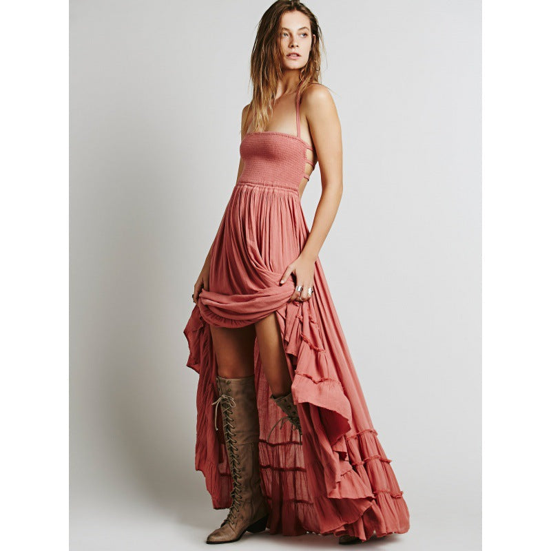 Damen Maxikleid Luftig Rüschenrock Hochgeschnitten