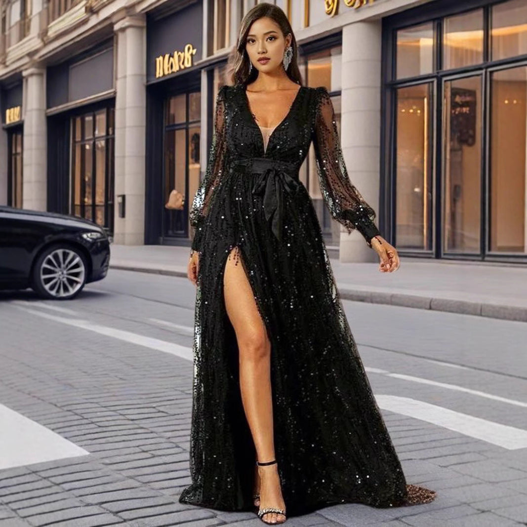 Damen Abendkleid Pailletten Tiefes Dekolleté Schwarz - Norvielle