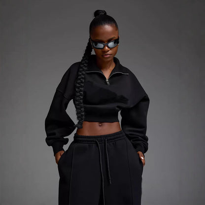 Damen Oversized Freizeit-Set mit Cropped Pullover und weiten Hosen