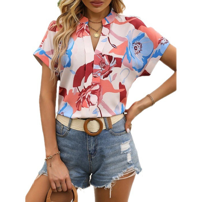 Damen Kurzarmbluse Paisley Muster Stehkragen
