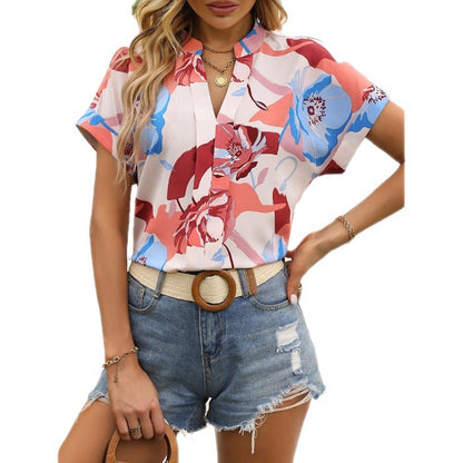 Damen Kurzarmbluse Paisley Muster Stehkragen