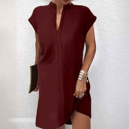 Damen Kurzarm Hemdkleid aus Leinen mit Stehkragen und bequemer