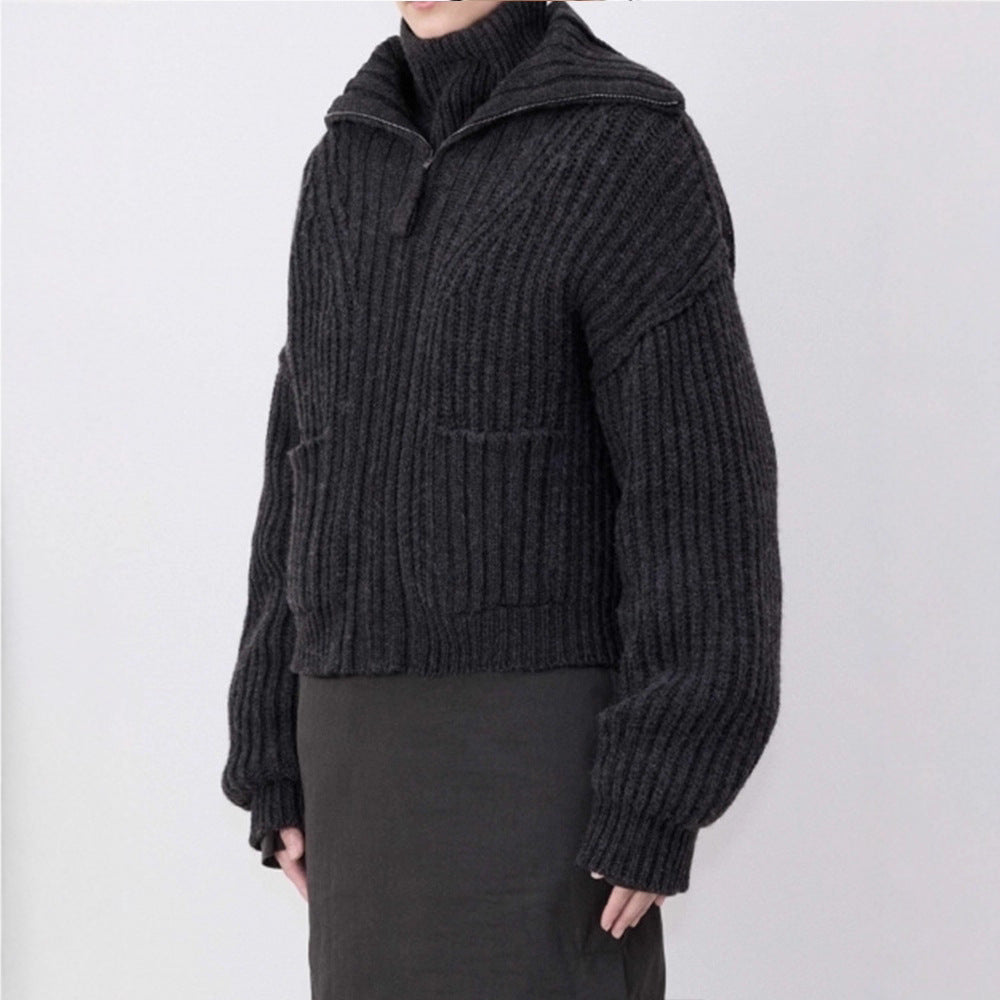 Damen Grobstrickpullover mit hohem Kragen und Taschen Norvielle
