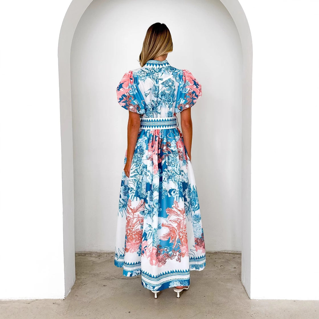 Damen Maxikleid mit Blumenmuster Voluminöse Ärmel Norvielle