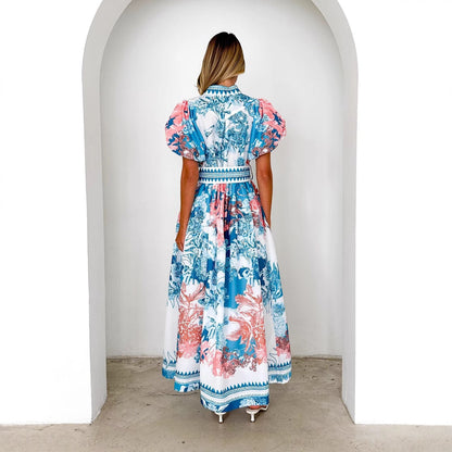 Damen Maxikleid mit Blumenmuster Voluminöse Ärmel Norvielle