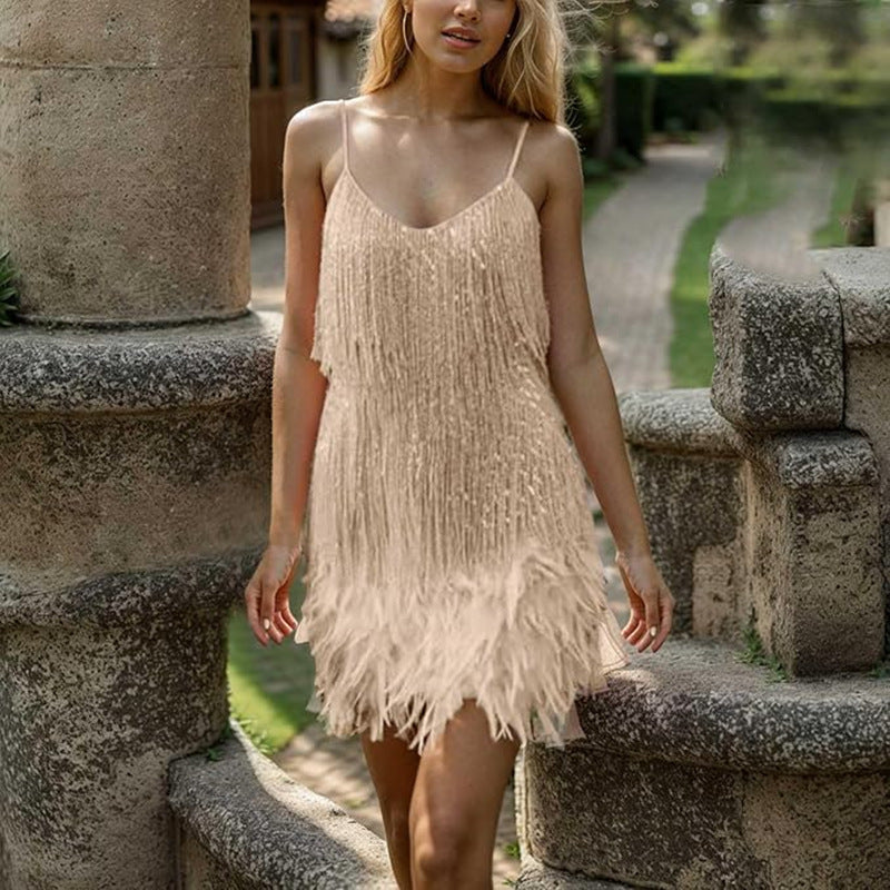 Damen Minikleid V-Ausschnitt Fransen
