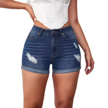 Damen High-Waist Denim-Shorts Ausgefranste Details