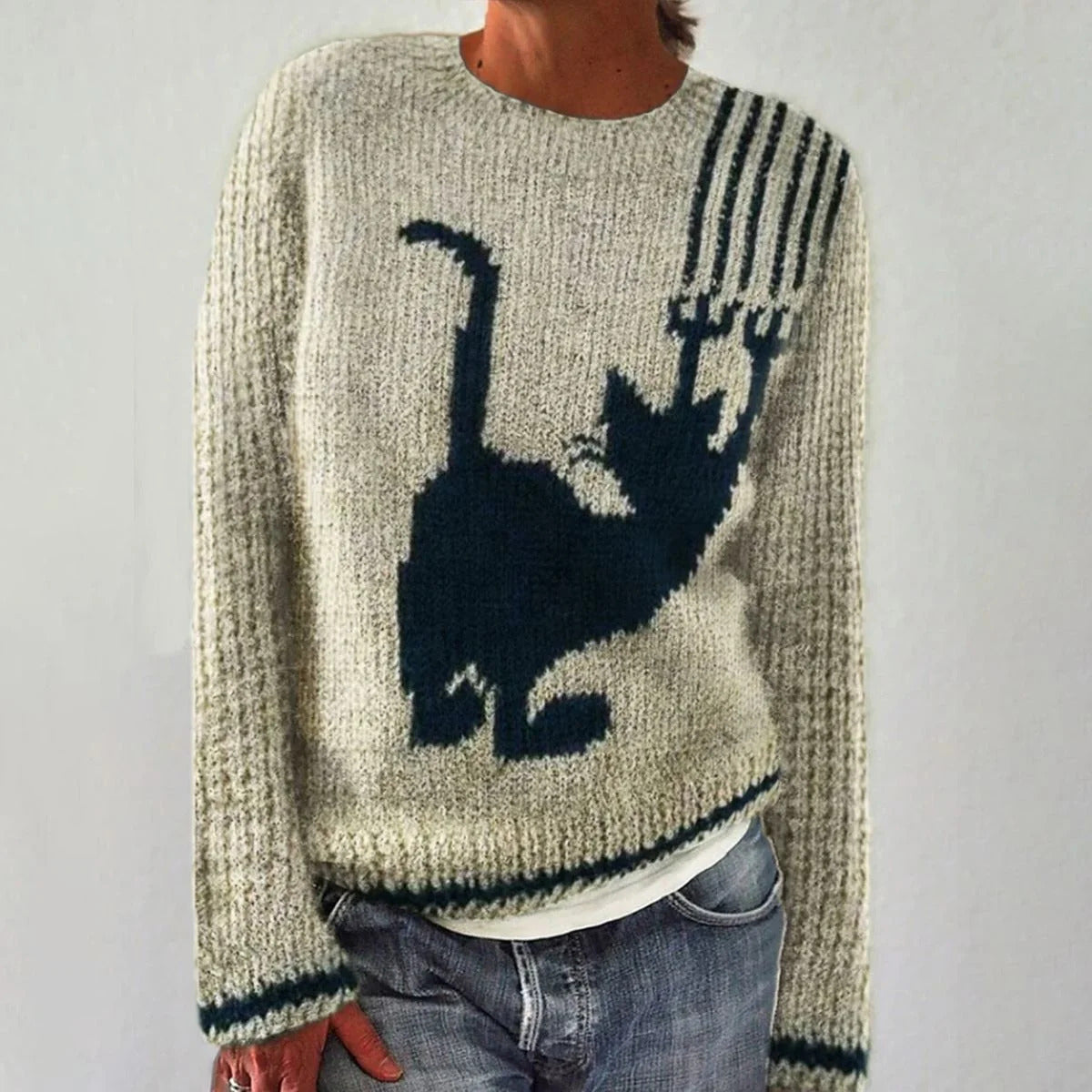 Damen Pullover Fuchs-Motiv Streifen Ärmel Norvielle - Norvielle