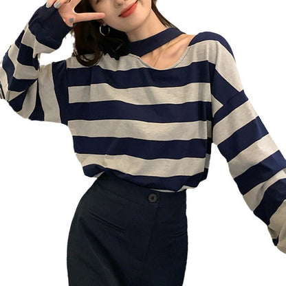 Damen Langarmshirt Streifen Modern Ausschnitt
