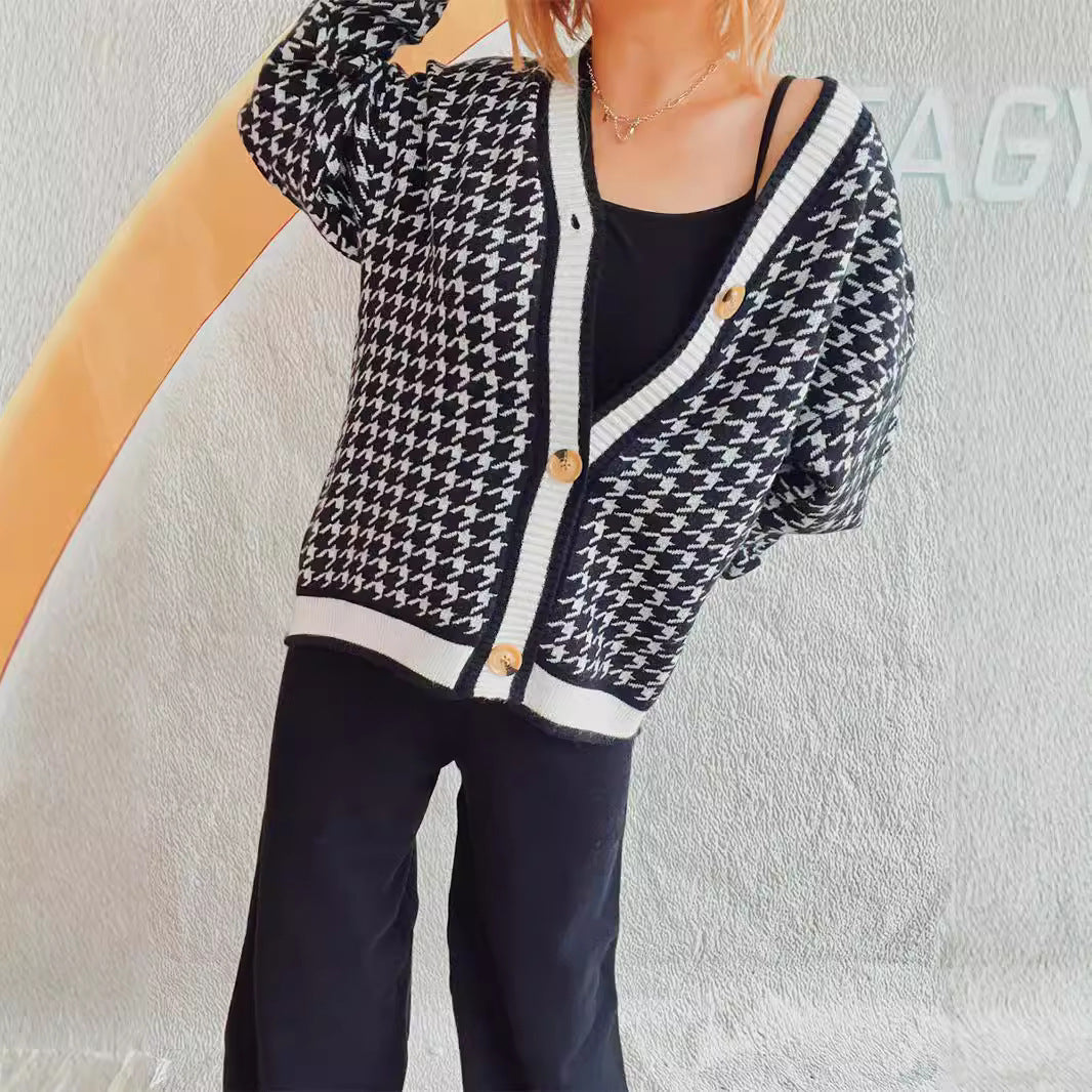 Damen Strickjacke Hahnentrittmuster Dekorative Knöpfe Norvielle