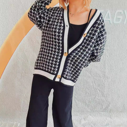 Damen Strickjacke Hahnentrittmuster Dekorative Knöpfe Norvielle