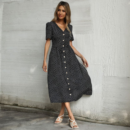 Damen Midi-Kleid Punktmuster Knopfleiste
