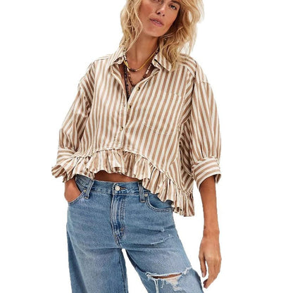 Damen Bluse Gestreift Volantabschluss Lässiger Schnitt