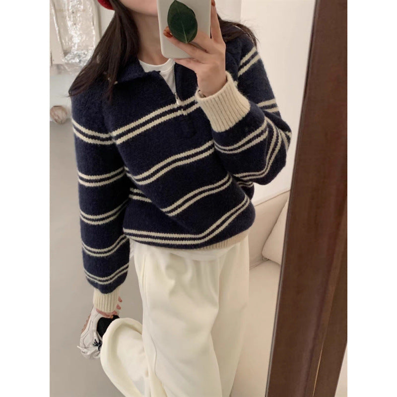 Damen Strickpullover Halbreißverschluss Gestreift Norvielle
