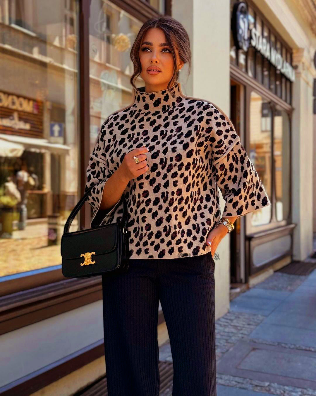 Damen Sweatshirt Leopardenmuster 3/4 Ärmel Lockerer Schnitt