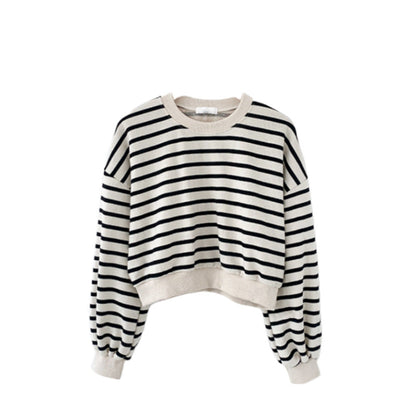 Damen Sweatshirt Streifen Puffärmel Weiß