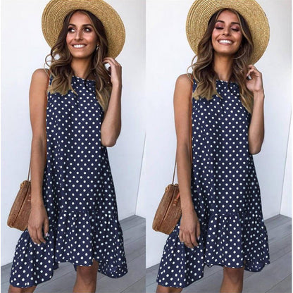 Damen A-Linien Kleid Rüschensaum Punkte Sommerlich