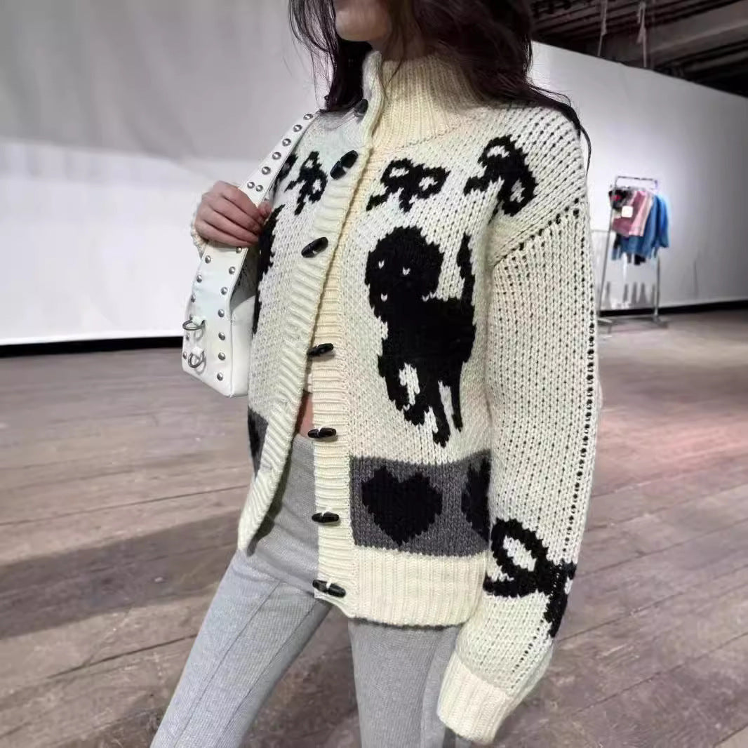 Damen Strickjacke Tiermuster Hochkragen Norvielle