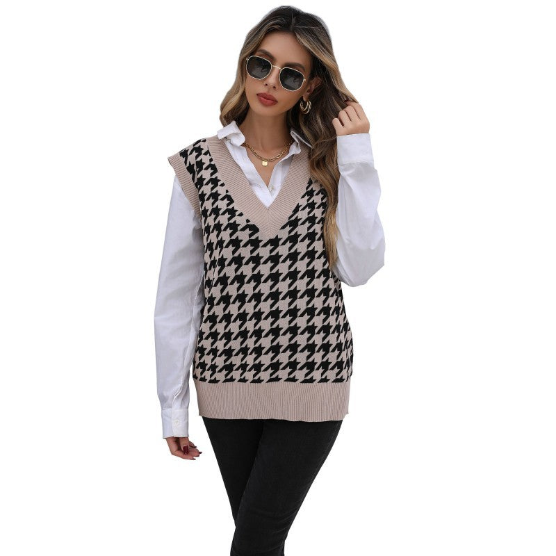 Damen Strickpullover V-Ausschnitt Hahnentrittmuster Norvielle