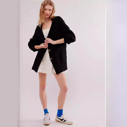 Damen Grobstrickjacke Norvielle Modern Reverskragen Dekorative Knöpfe