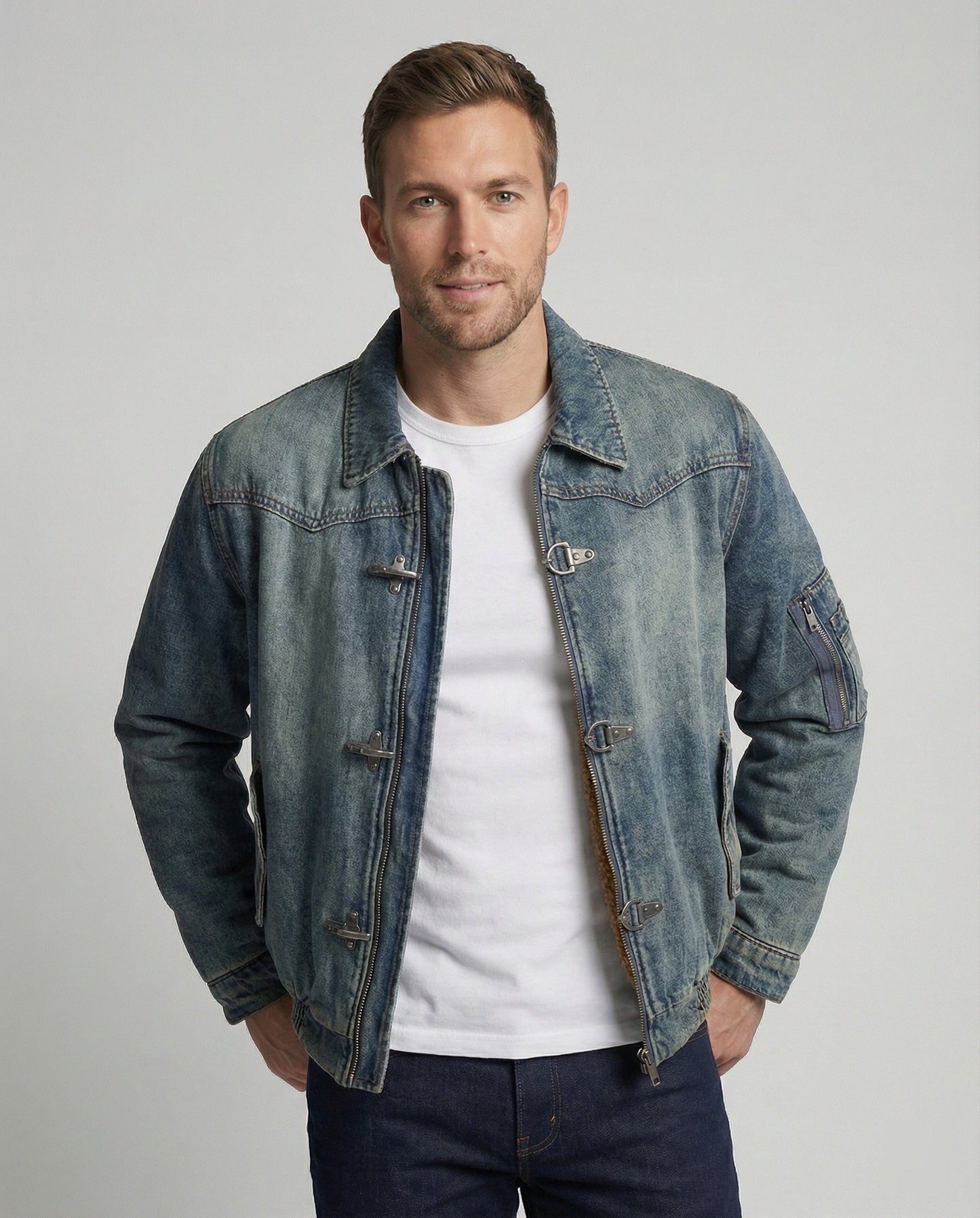 Herren Jeansjacke Bomber Teddyfutter