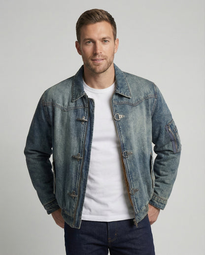 Herren Jeansjacke Bomber Teddyfutter