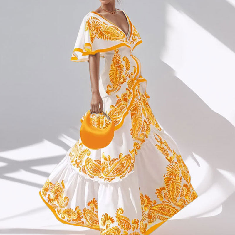 Damen Maxikleid Voluminöse Ärmel Paisleymuster
