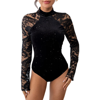 Damen Langarmshirt Spitzenärmel Glitzer Applikationen Norvielle