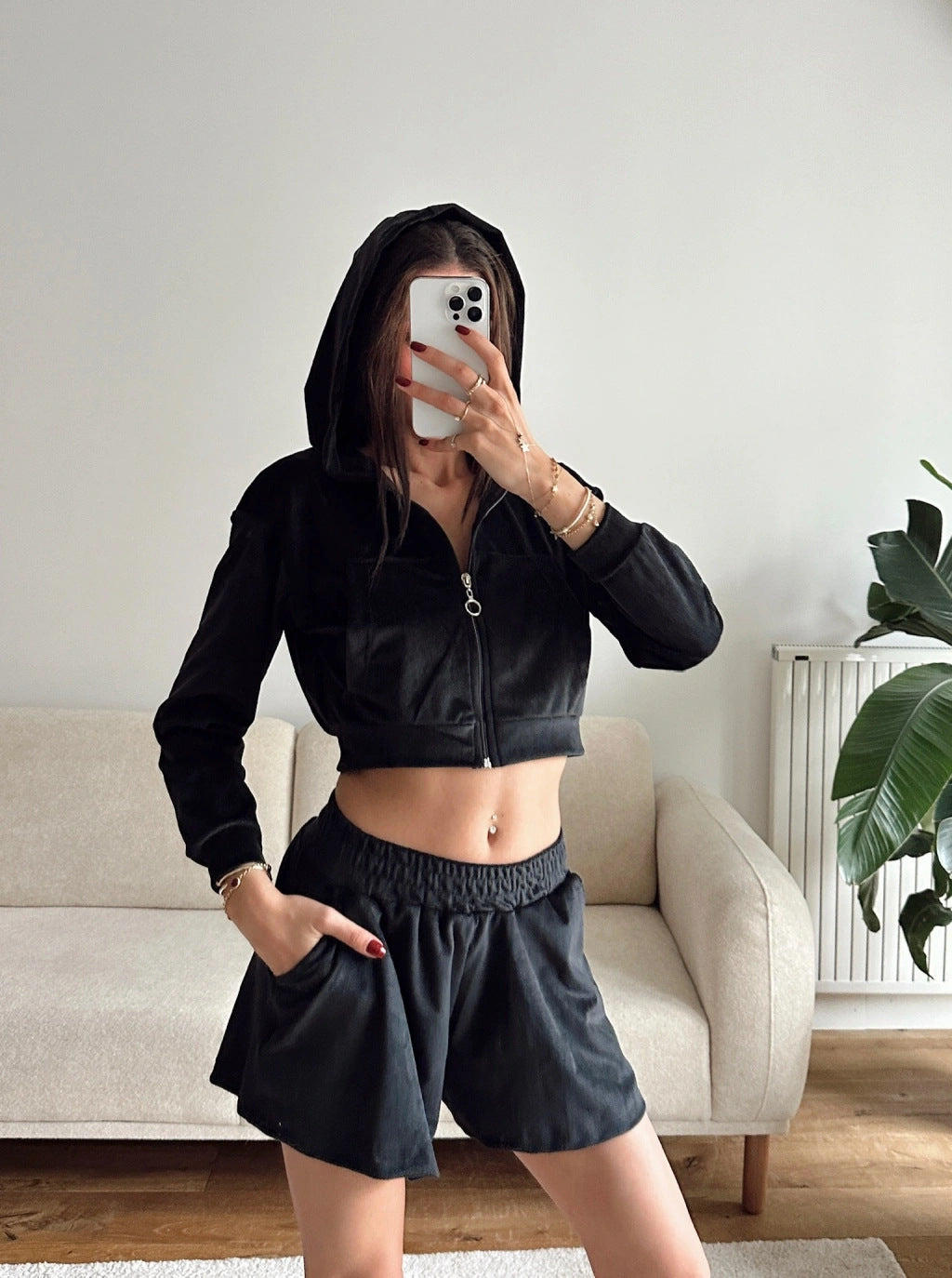 Damen Sportset Velours Cropped Reißverschluss Elastisch