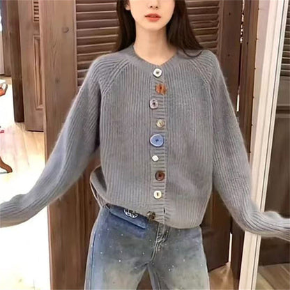Damen Strickcardigan Bunt Knöpfe Strukturiert