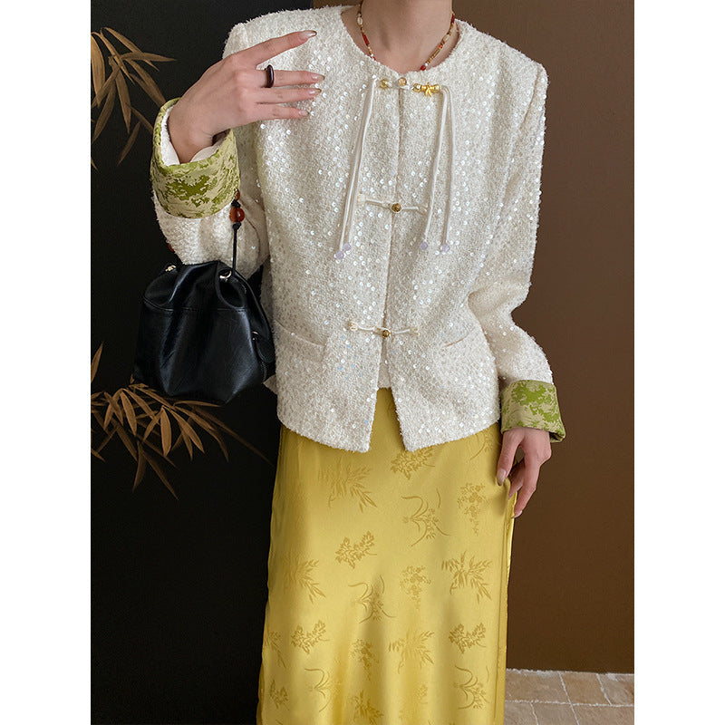 Damen Bouclé-Jacke mit Pailletten und Kontrastärmeln