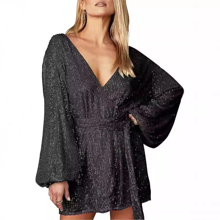 Damen Minikleid Glitzernd V-Ausschnitt Weite Ärmel Norvielle - Norvielle